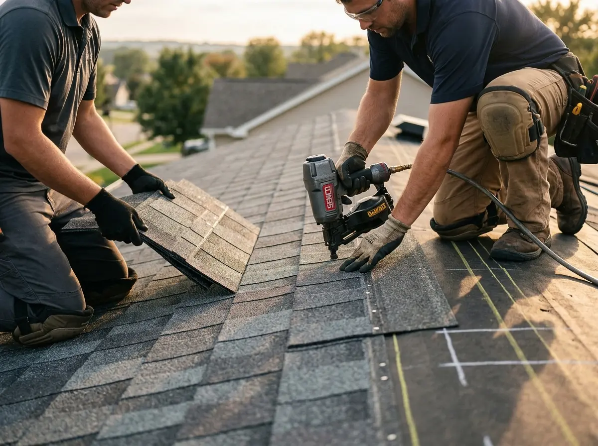 Professional roofer working on a residential roof in Sterling Heights